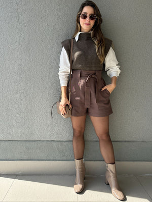 Short Alfaiataria Marrom com Faixa Gengibre