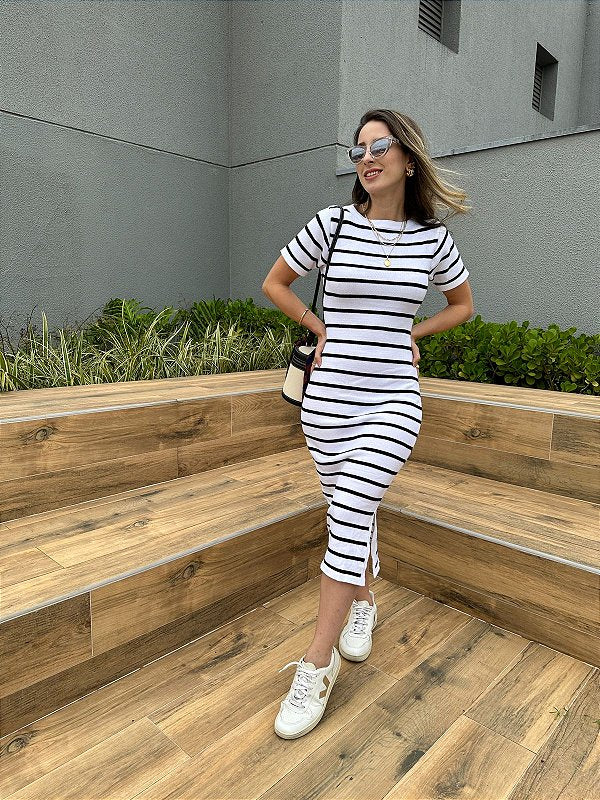 Vestido Listrado Preto E Branco Longo Vestido Preto Vestido Com