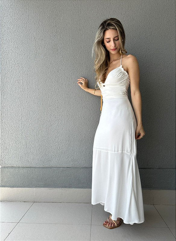 Vestido frente única midi com elástico nas costas off white Avelã