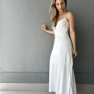 Vestido frente única midi com elástico nas costas off white Avelã