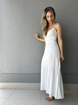 Vestido frente única midi com elástico nas costas off white Avelã