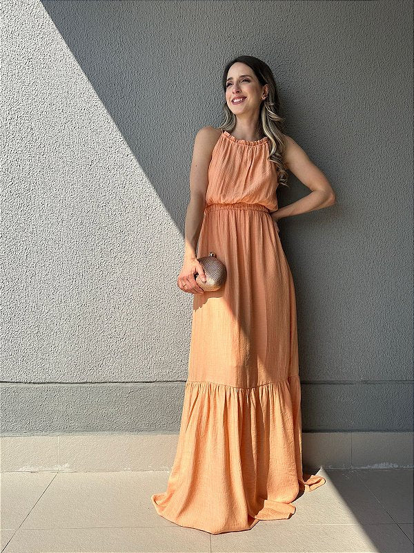 Vestido longo fluido com elastico na cintura coral Melão