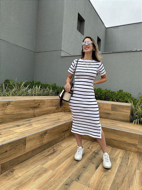 Vestido de tricot midi branco com listras pretas Dália