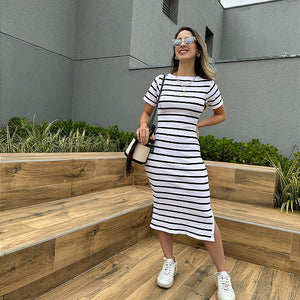 Vestido de tricot midi branco com listras pretas Dália