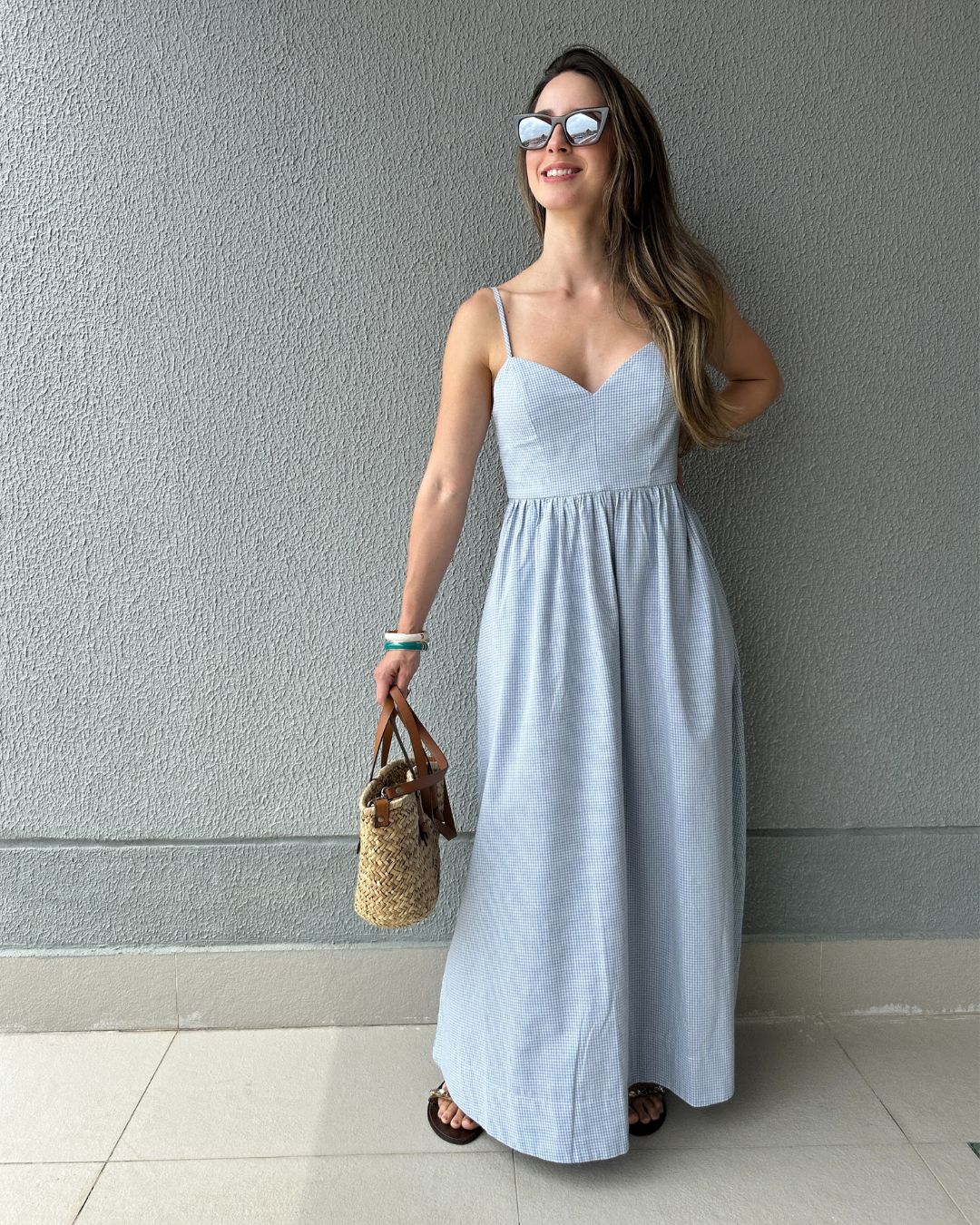 Vestido Amplo Alças Reguláveis Vichy Azul Mirtilo