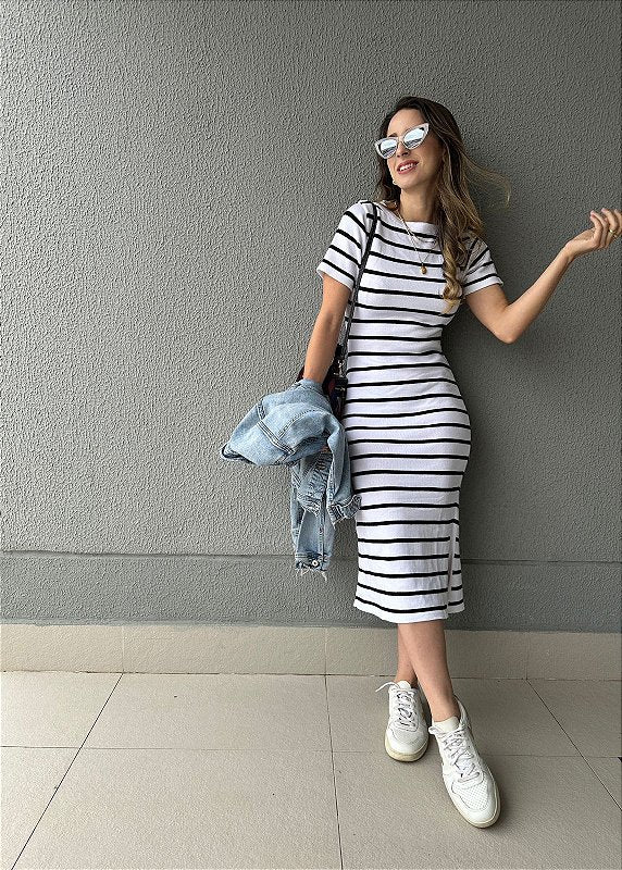 Vestido de tricot midi branco com listras pretas Dália