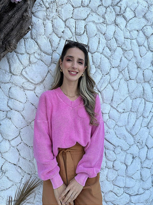 Blusa tricot oversized 100% algodão decote V estonada Rosa