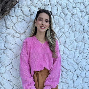 Blusa tricot oversized 100% algodão decote V estonada Rosa