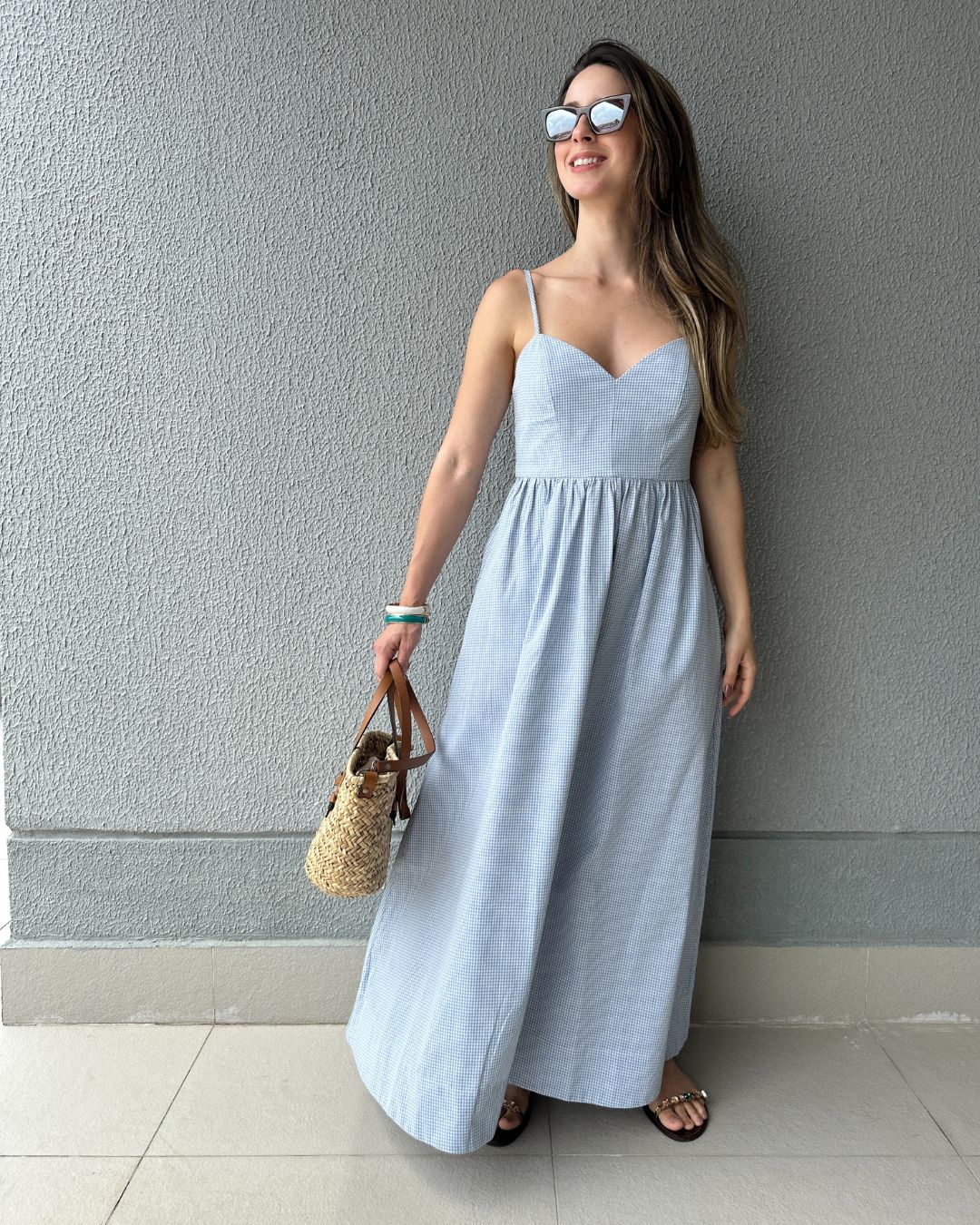 Vestido Amplo Alças Reguláveis Vichy Azul Mirtilo