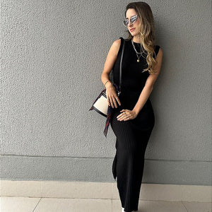 Vestido de tricot canelado com fenda preto Mangostim