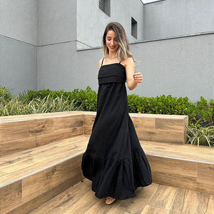 Vestido longo viscolinho de alça decote com camadas preto Jabuticaba