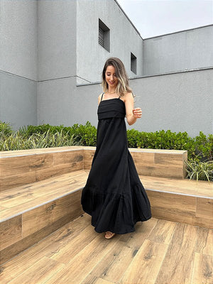 Vestido longo viscolinho de alça decote com camadas preto Jabuticaba