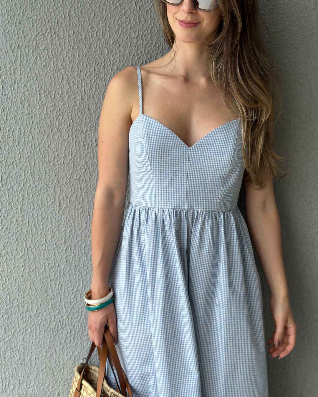 Vestido Amplo Alças Reguláveis Vichy Azul Mirtilo