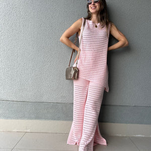Conjunto Tricô de Calça Ampla e Blusa Assimétrica Rosa
