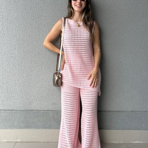 Conjunto Tricô de Calça Ampla e Blusa Assimétrica Rosa