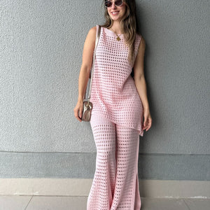 Conjunto Tricô de Calça Ampla e Blusa Assimétrica Rosa