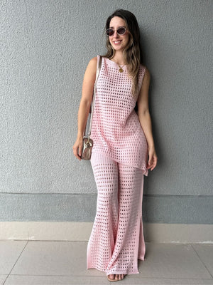 Conjunto Tricô de Calça Ampla e Blusa Assimétrica Rosa