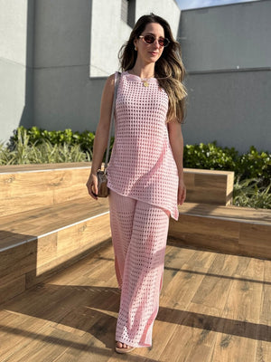 Conjunto Tricô de Calça Ampla e Blusa Assimétrica Rosa