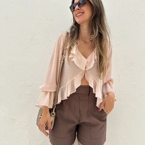 Bata Boho com Babados e Botão Rosa Tulipa