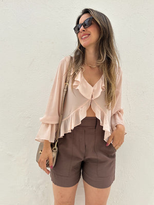 Bata Boho com Babados e Botão Rosa Tulipa