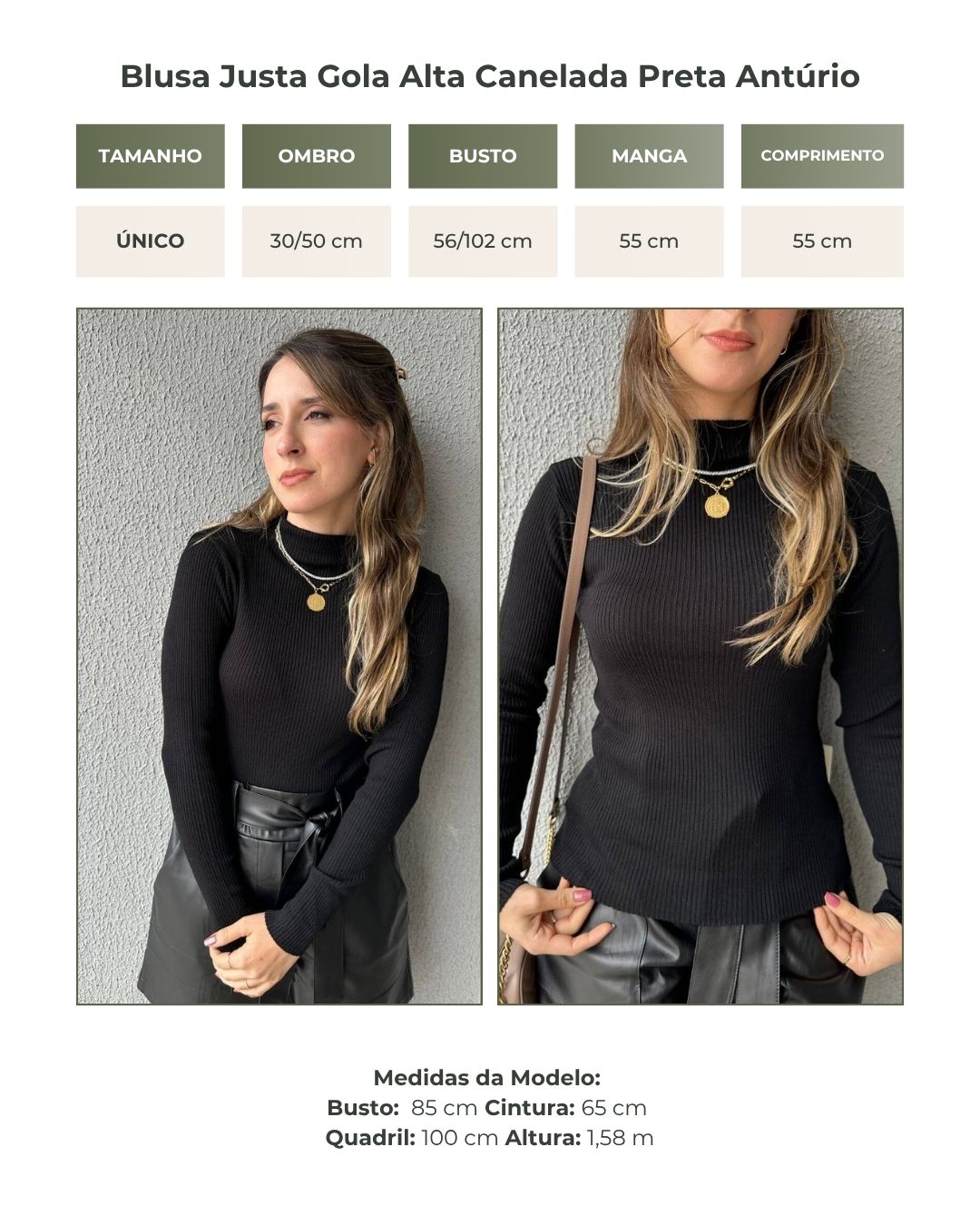 Blusa Cacharrel Tricô Modal Canelada Gola Simples Preta Antúrio
