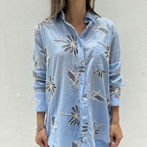 Camisa Manga Longa 100% Algodão Bordada Azul Coqueiro