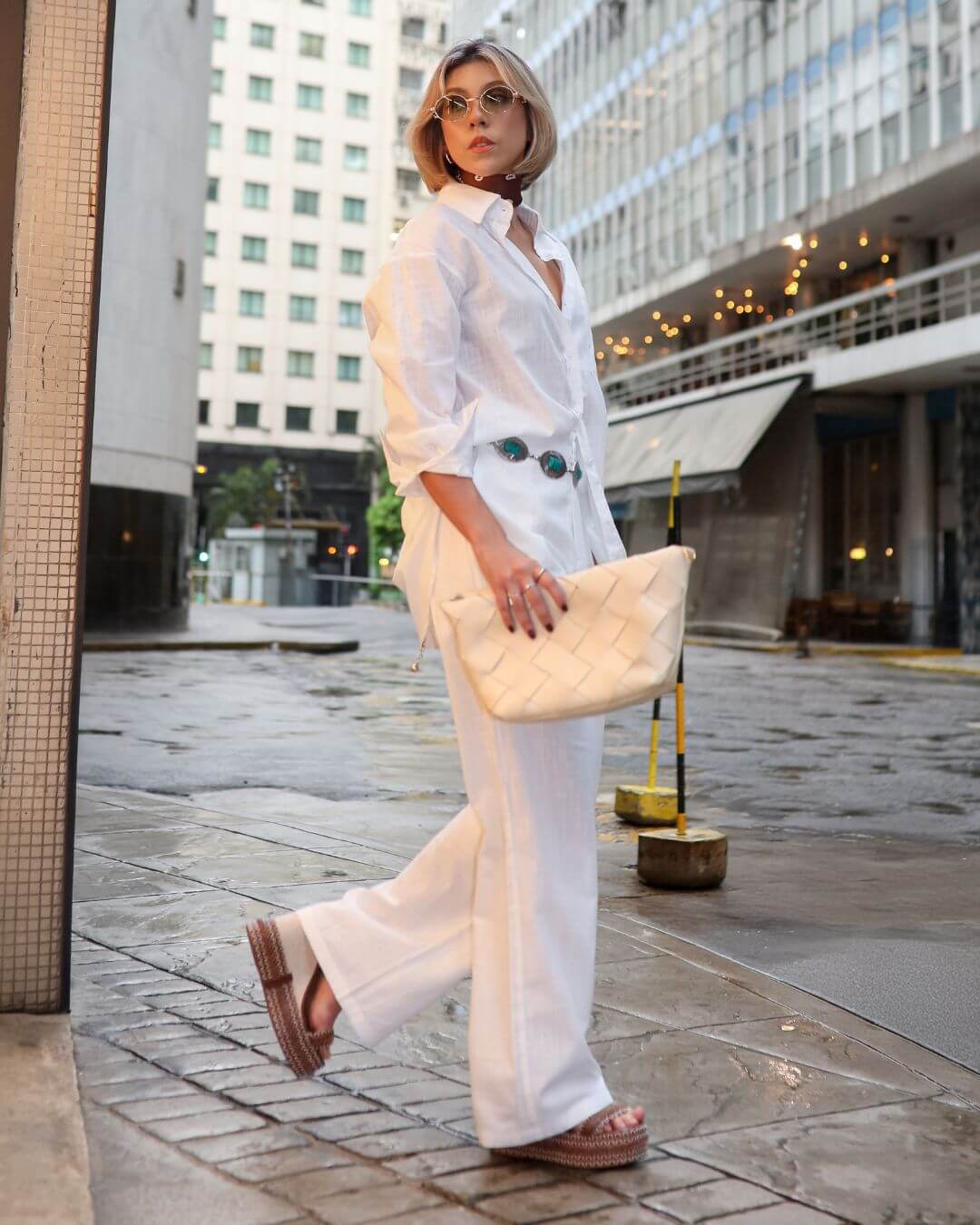 Conjunto de Algodão com Calça Reta e Camisa Tradicional Branco Pequi