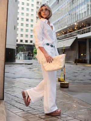 Conjunto de Algodão com Calça Reta e Camisa Tradicional Branco Pequi