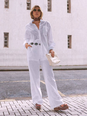 Conjunto de Algodão com Calça Reta e Camisa Tradicional Branco Pequi