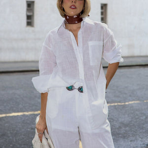 Conjunto de Algodão com Calça Reta e Camisa Tradicional Branco Pequi