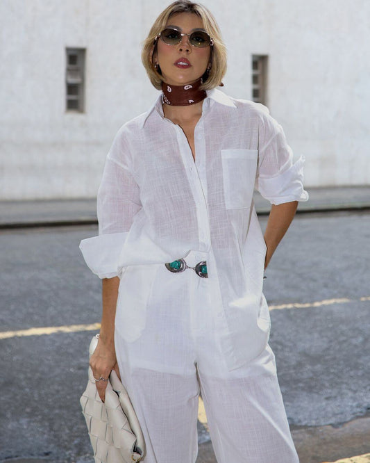 Conjunto de Algodão com Calça Reta e Camisa Tradicional Branco Pequi