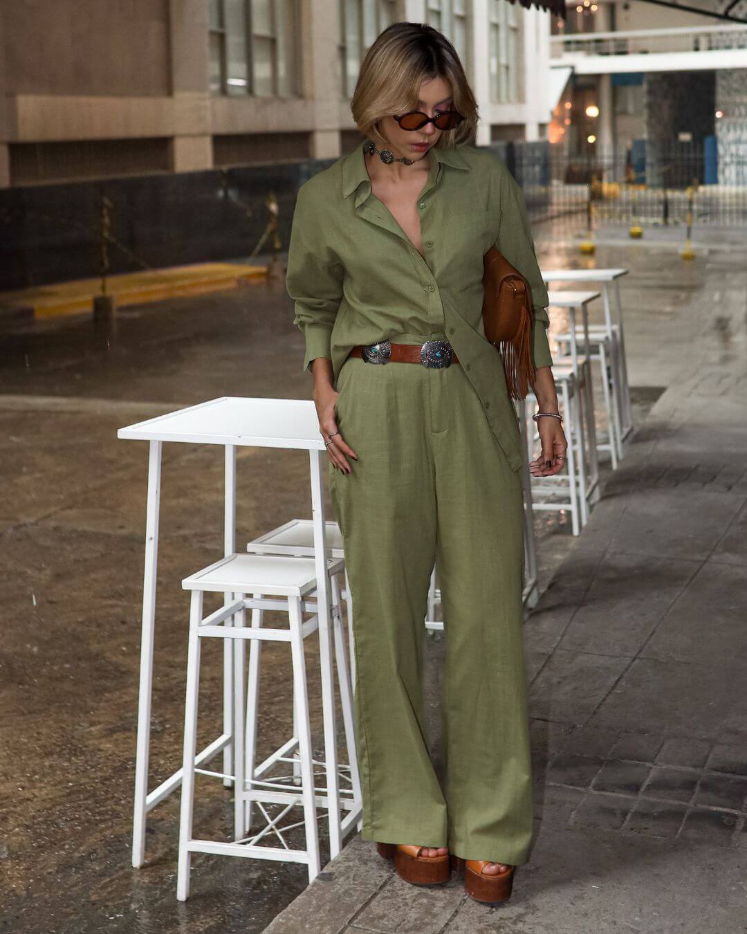 Conjunto de Algodão com Calça Reta e Camisa Tradicional  Verde Pequi