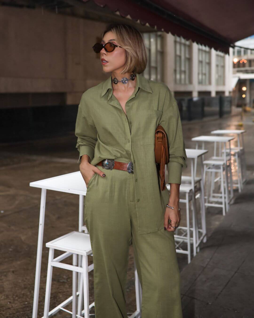 Conjunto de Algodão com Calça Reta e Camisa Tradicional  Verde Pequi