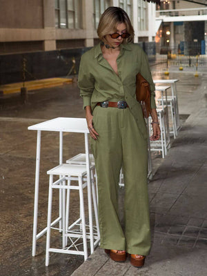 Conjunto de Algodão com Calça Reta e Camisa Tradicional  Verde Pequi