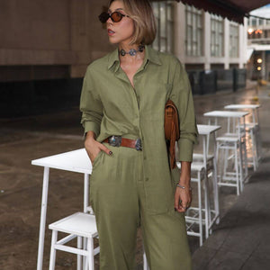 Conjunto de Algodão com Calça Reta e Camisa Tradicional  Verde Pequi