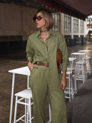 Conjunto de Algodão com Calça Reta e Camisa Tradicional  Verde Pequi