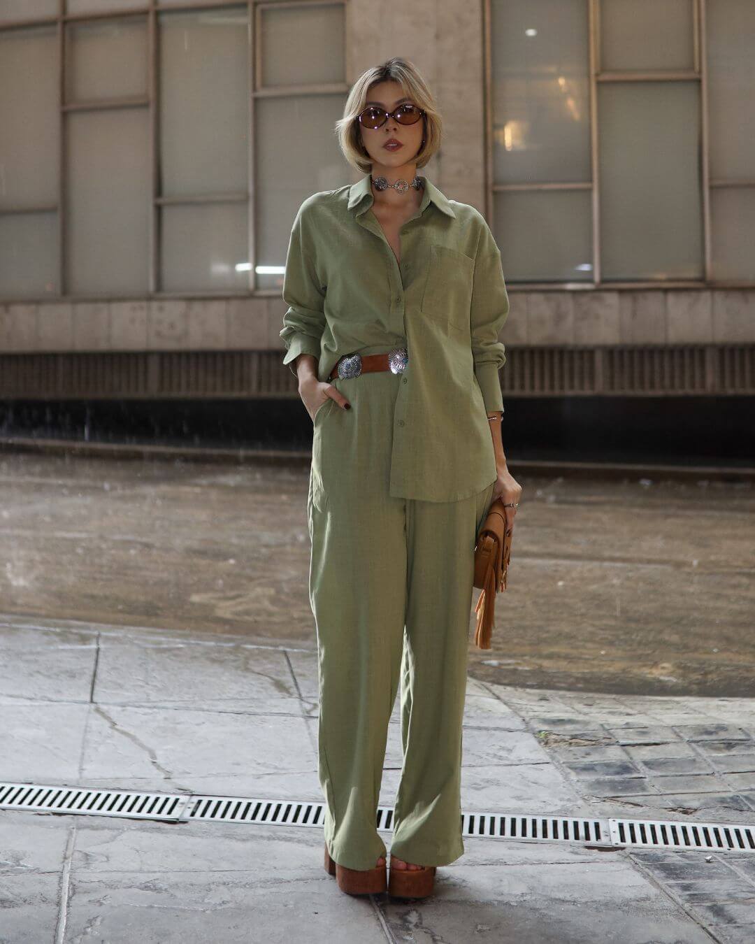 Conjunto de Algodão com Calça Reta e Camisa Tradicional  Verde Pequi