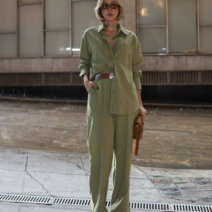 Conjunto de Algodão com Calça Reta e Camisa Tradicional  Verde Pequi