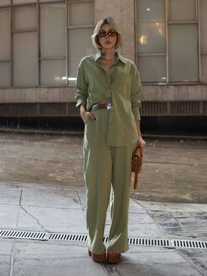 Conjunto de Algodão com Calça Reta e Camisa Tradicional  Verde Pequi