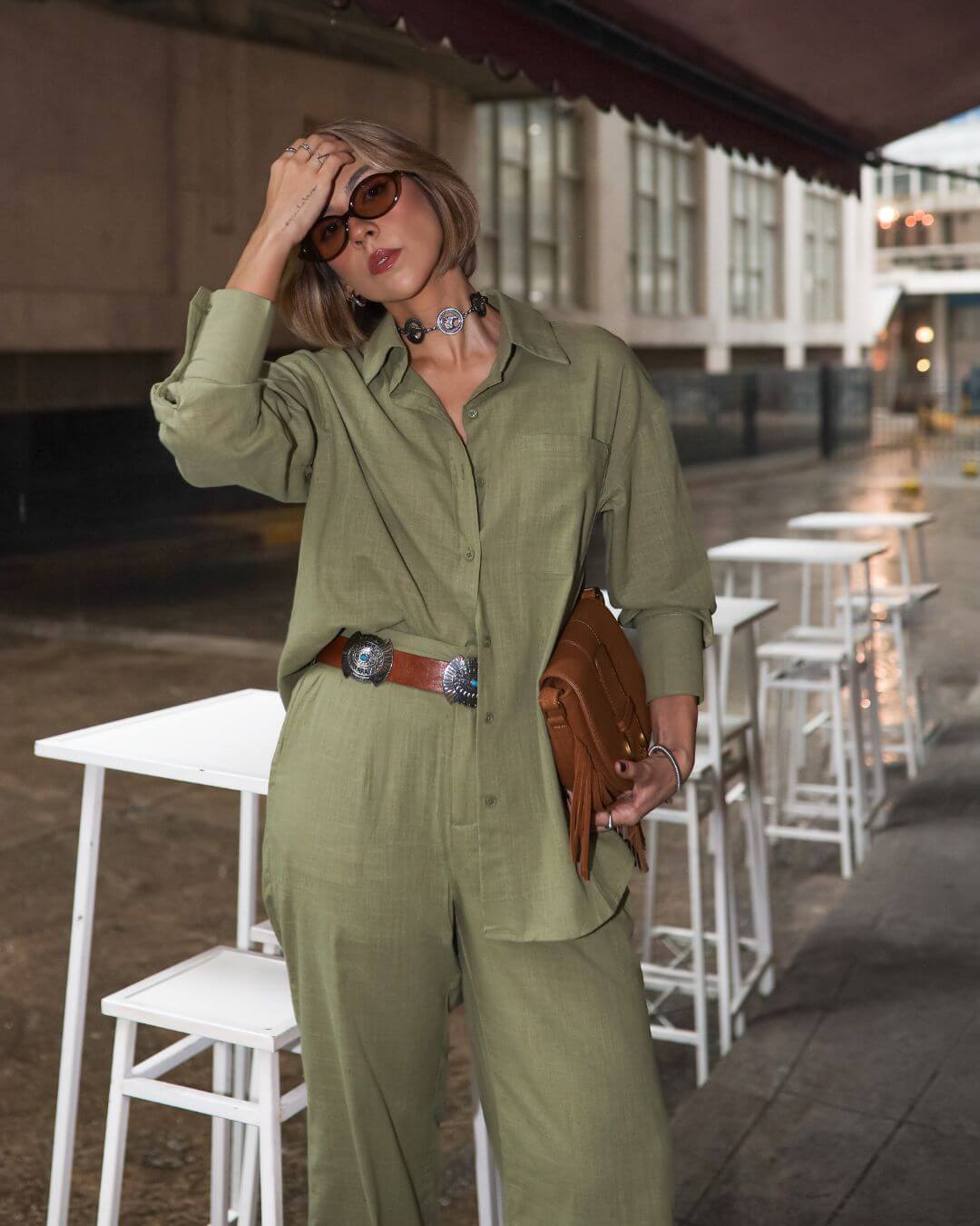 Conjunto de Algodão com Calça Reta e Camisa Tradicional  Verde Pequi