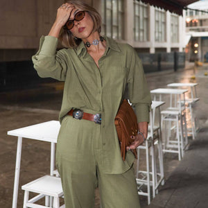 Conjunto de Algodão com Calça Reta e Camisa Tradicional  Verde Pequi
