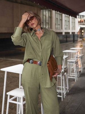 Conjunto de Algodão com Calça Reta e Camisa Tradicional  Verde Pequi