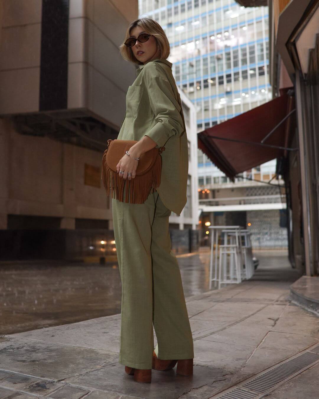 Conjunto de Algodão com Calça Reta e Camisa Tradicional  Verde Pequi