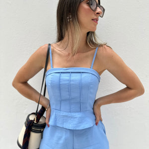 Conjunto Acácia Azul: Cropped Elástico e Short Alfaiataria