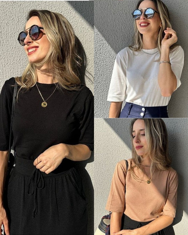 Kit 3 blusas tricot manga curta off-white, bege e preta Maçã