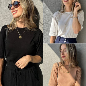 Kit 3 blusas tricot manga curta off-white, bege e preta Maçã