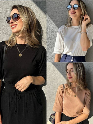 Kit 3 blusas tricot manga curta off-white, bege e preta Maçã
