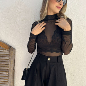 Body de tule preto com gola alta Íris