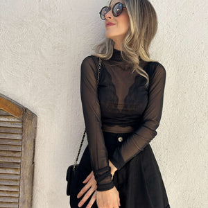 Body de tule preto com gola alta Íris