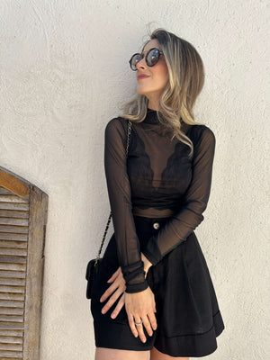 Body de tule preto com gola alta Íris